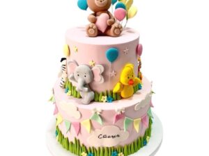 Dečija torta za devojčice na 2 sprata sa životinjcama u šarenim veselim bojama.Poklondzija